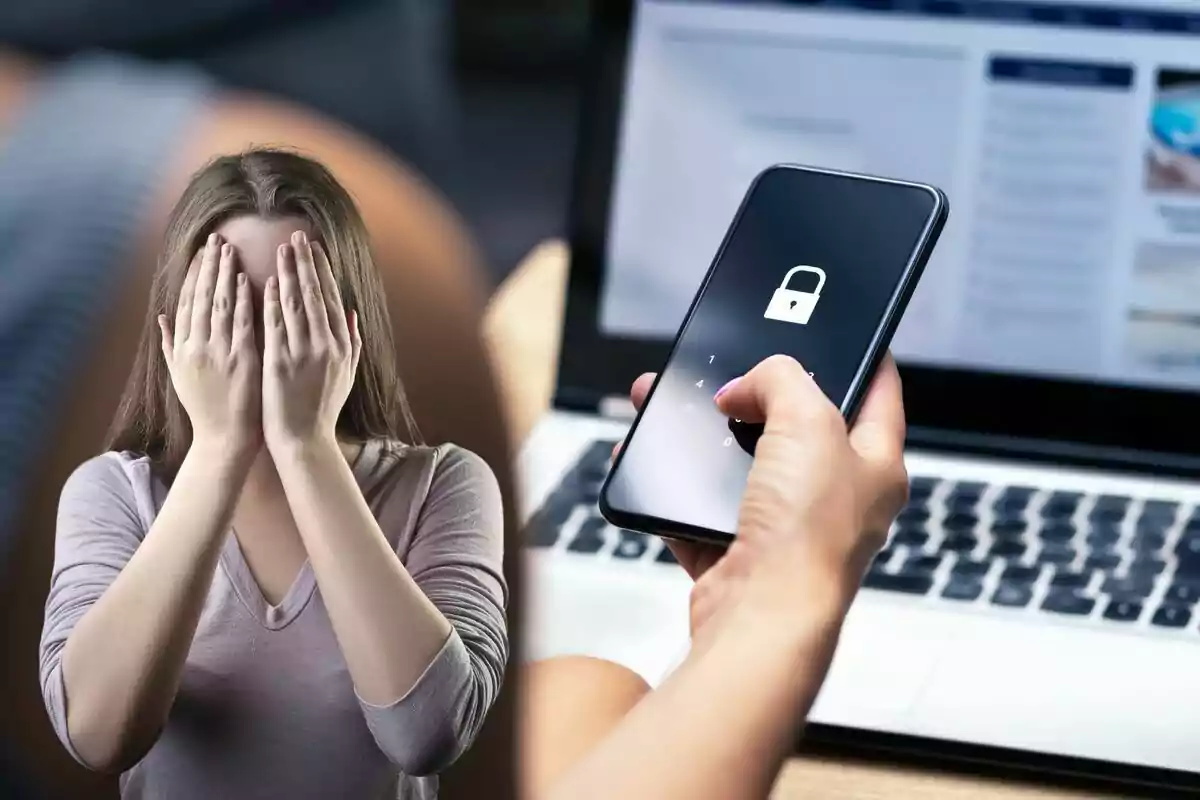 Una mujer cubriéndose el rostro con las manos y una persona sosteniendo un teléfono móvil con un icono de candado en la pantalla frente a una computadora portátil.