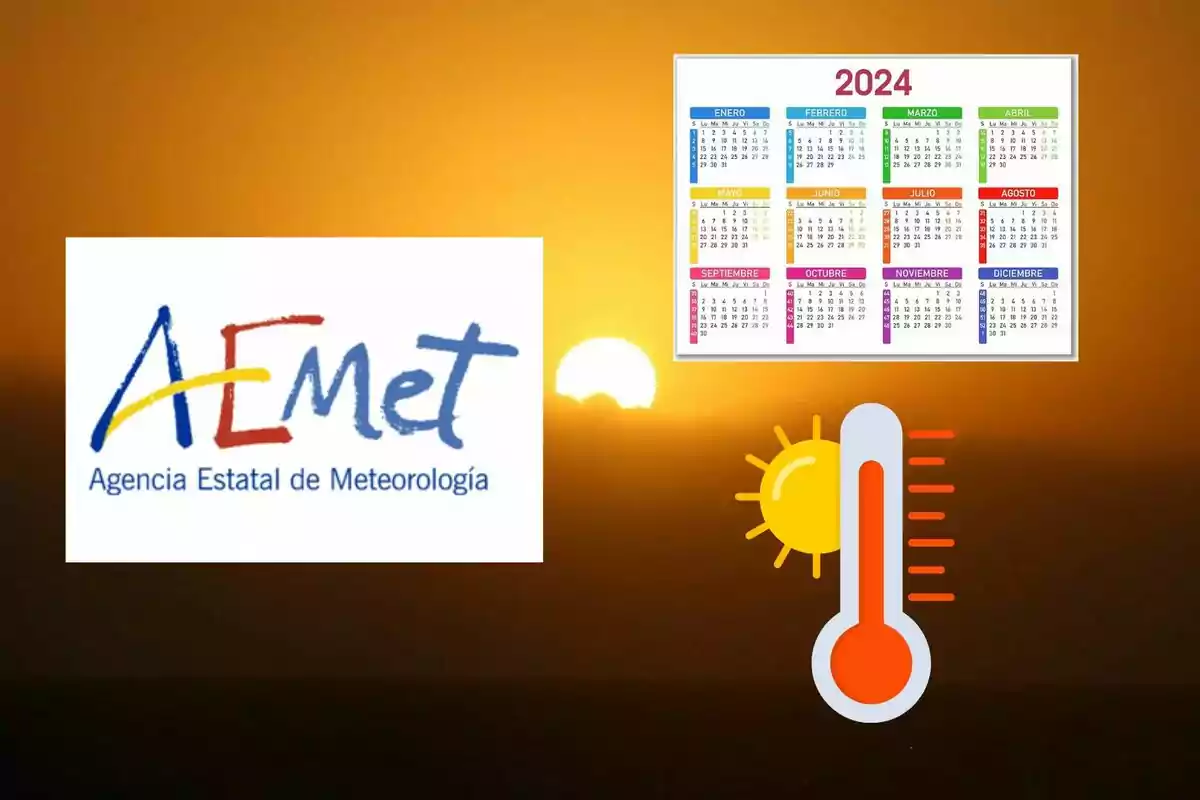 Imagen con el logotipo de la Agencia Estatal de Meteorología, un calendario del año 2024 y un icono de un termómetro con un sol sobre un fondo de atardecer.