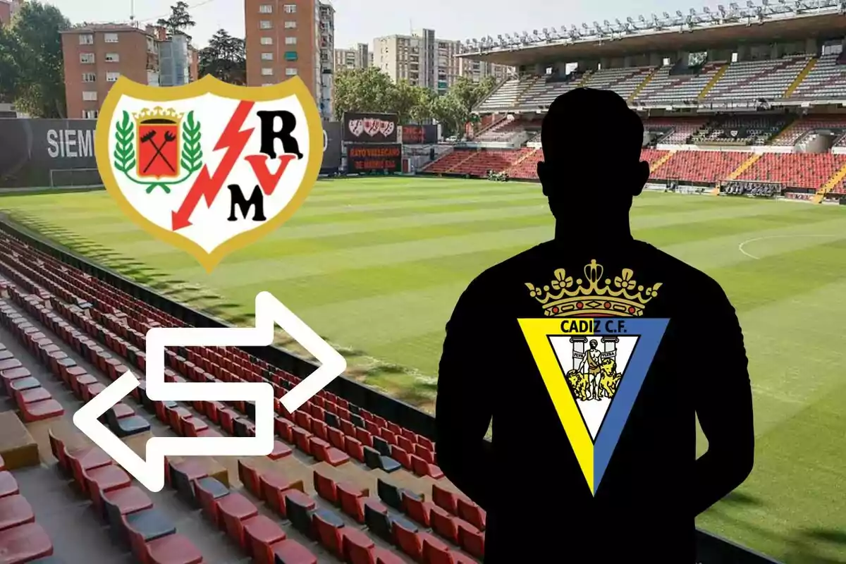 Un estadio de fútbol vacío con el escudo del Rayo Vallecano a la izquierda y la silueta de una persona con el escudo del Cádiz C.F. en la espalda.