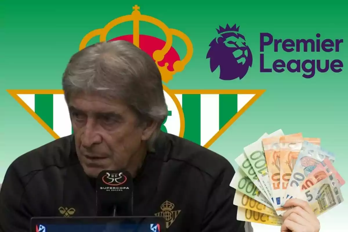 Un hombre mayor con cabello canoso y expresión seria, frente a un micrófono con el logo de la Supercopa de España, con el escudo del Real Betis, el logo de la Premier League y una mano sosteniendo billetes de euro en el fondo.