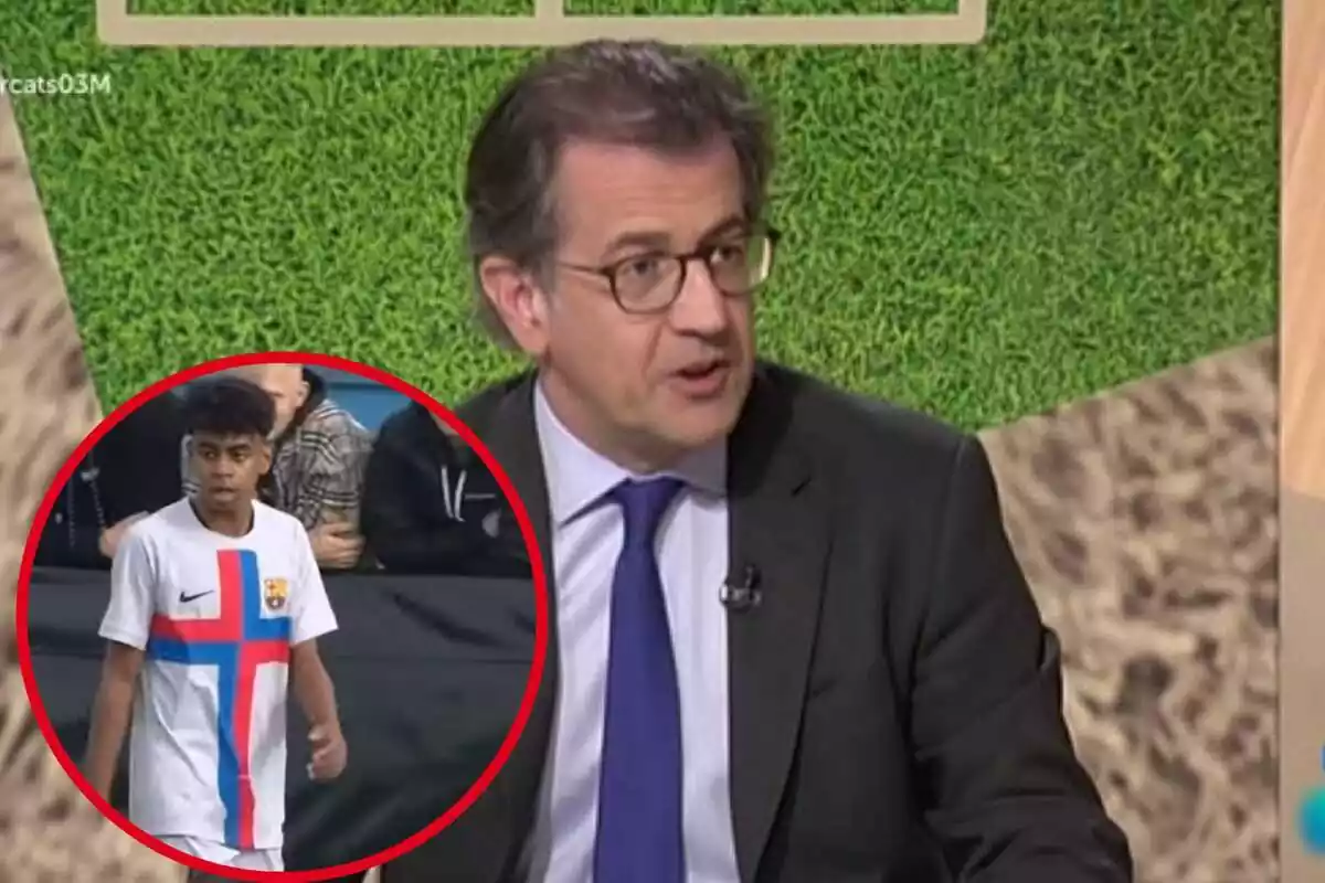 Montaje con una imagen de Toni Freixa siendo entrevistado en un plató. En la esquina inferior izquierda, dentro de un círculo, Lamine Yamal durante un partido con el Barça