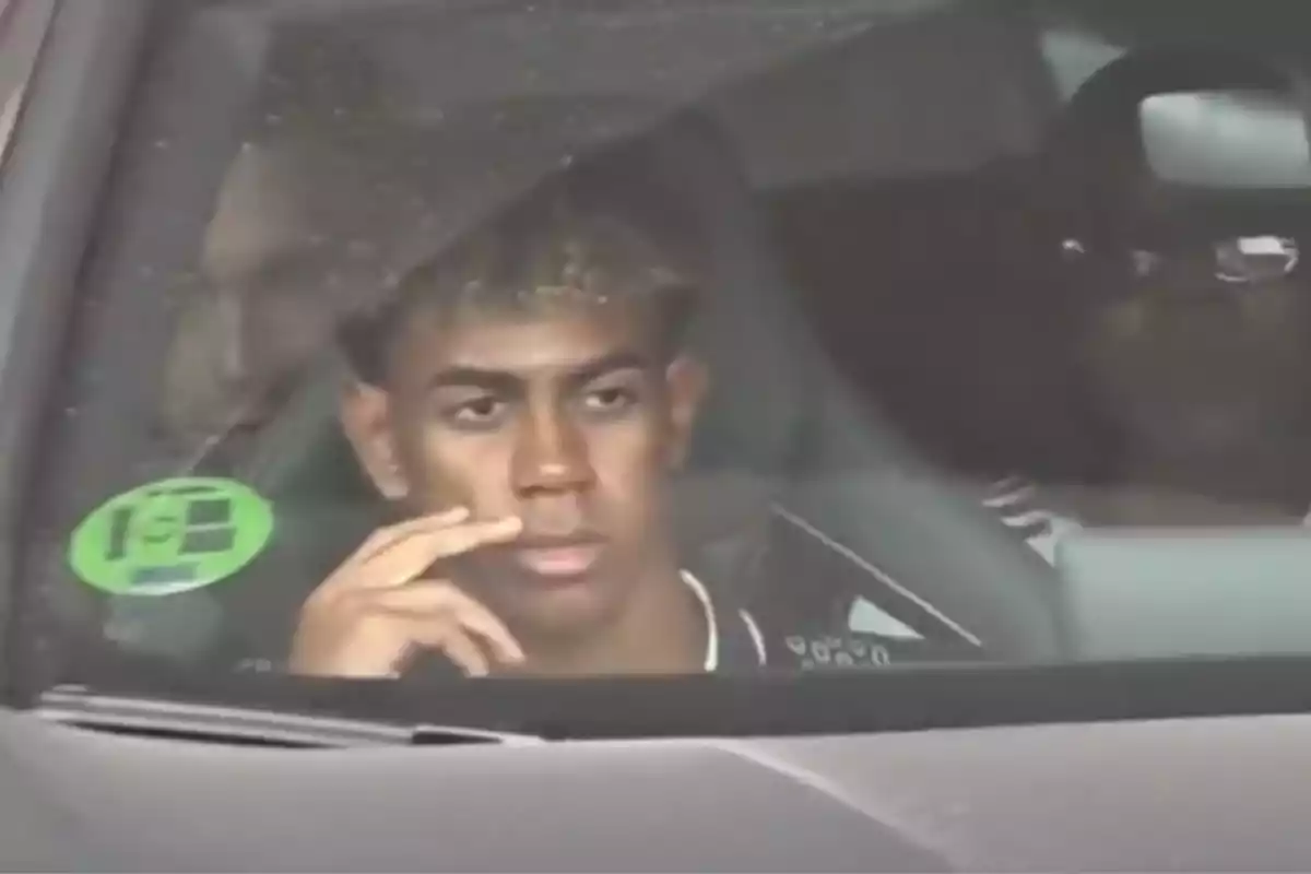 Un joven sentado en el asiento del conductor de un automóvil, mirando pensativamente hacia adelante con la mano en la cara.