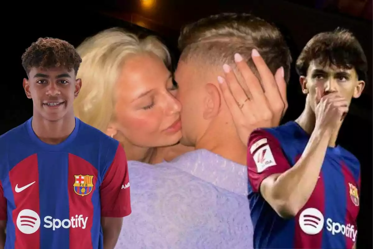 Tres personas con camisetas del FC Barcelona y una pareja abrazándose.