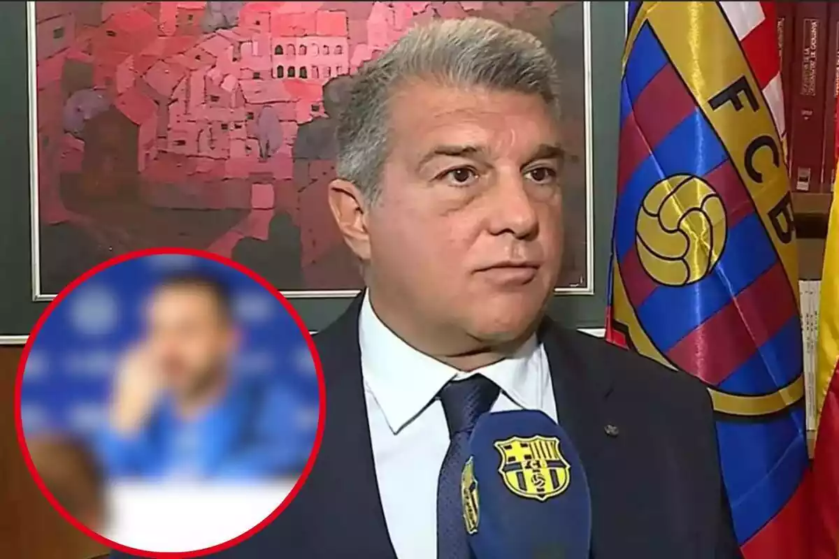 Montaje con una imagen de Joan Laporta hablando ante un micrófono de Barça TV. En la esquina inferior izquierda, dentro de un círculo y difuminado, el entrenador analizado en la noticia