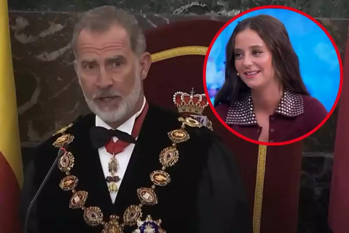 Un hombre con vestimenta formal y medallas está hablando, mientras que en un círculo rojo se muestra a una mujer joven sonriendo.