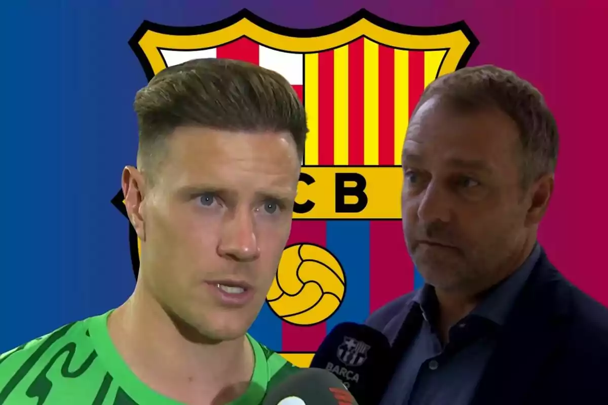 Dos hombres hablando frente a un fondo con el escudo del FC Barcelona.