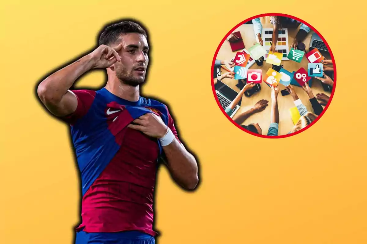 Un jugador de fútbol con uniforme azul y rojo se toca el pecho mientras hace un gesto con la mano, junto a un círculo que muestra un grupo de personas alrededor de una mesa con iconos de redes sociales.