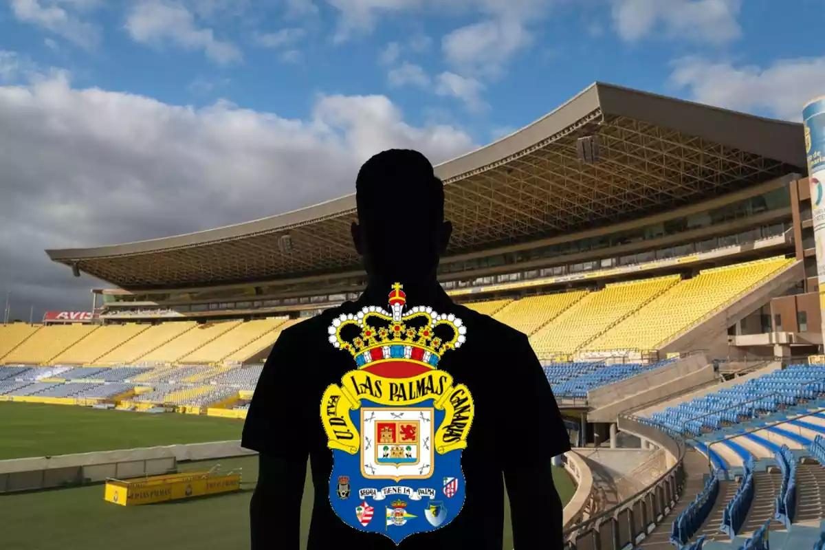 Montage con el estadio de Gran Canaria y una sombra negra en el centro con el escudo de la UD Las Palmas