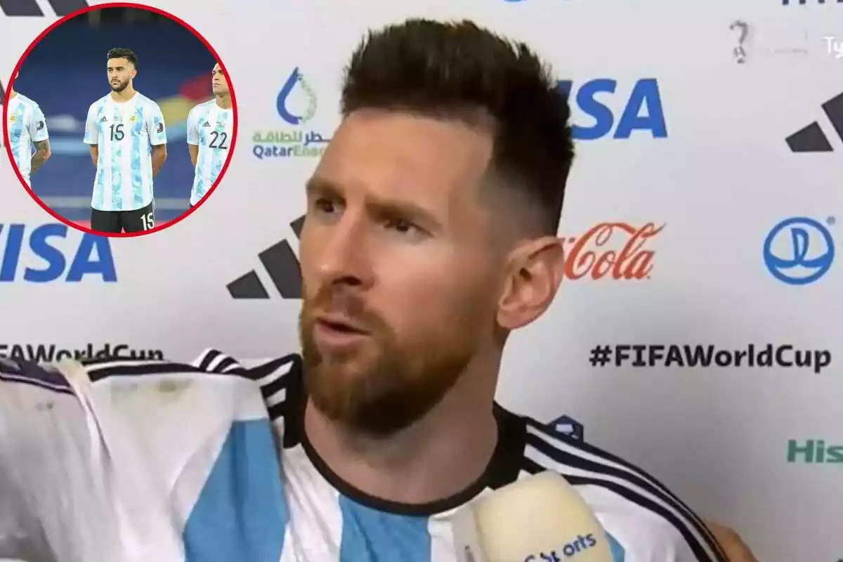 Montaje con Leo Messi atendiendo a la prensa en primer término. En la esquina superior izquierda varios jugadores de la selección argentina