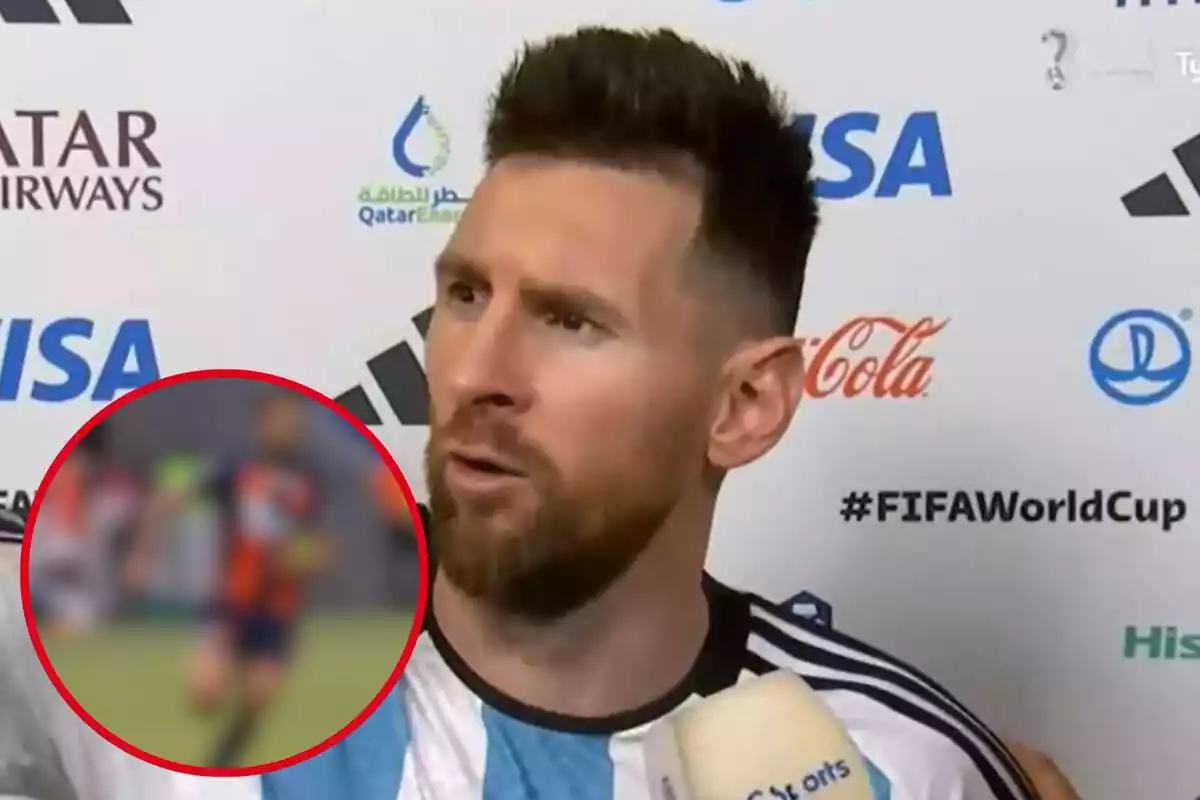 Montaje con una imagen de Leo Messi con la selección argentina atendiendo a la prensa. En la esquina inferior izquierda, dentro de un círculo y difuminado, el futbolista del que habla la noticia