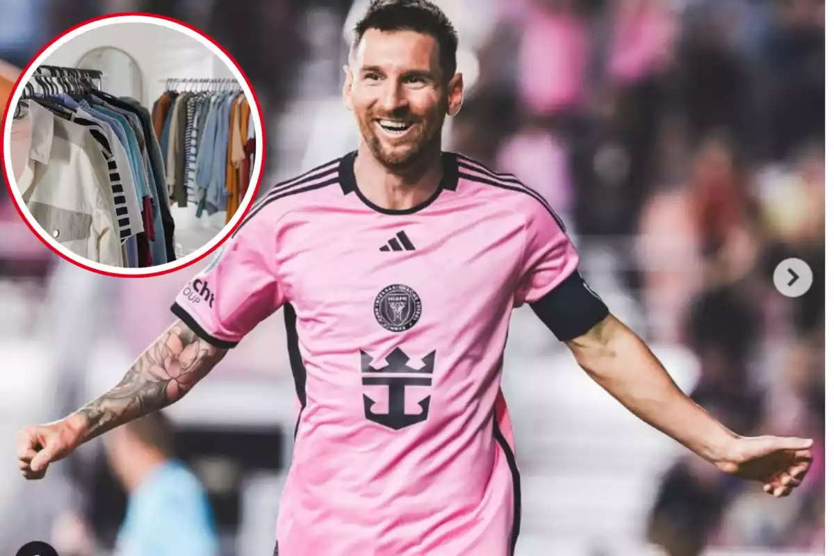 Montaje con una imagen de Leo Messi durante un partido. A la izquierda una imagen con diversas prendas de ropa