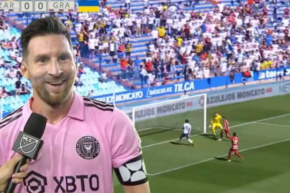 Montaje con Leo Messi en primer término. De fondo un partido del Real Zaragoza
