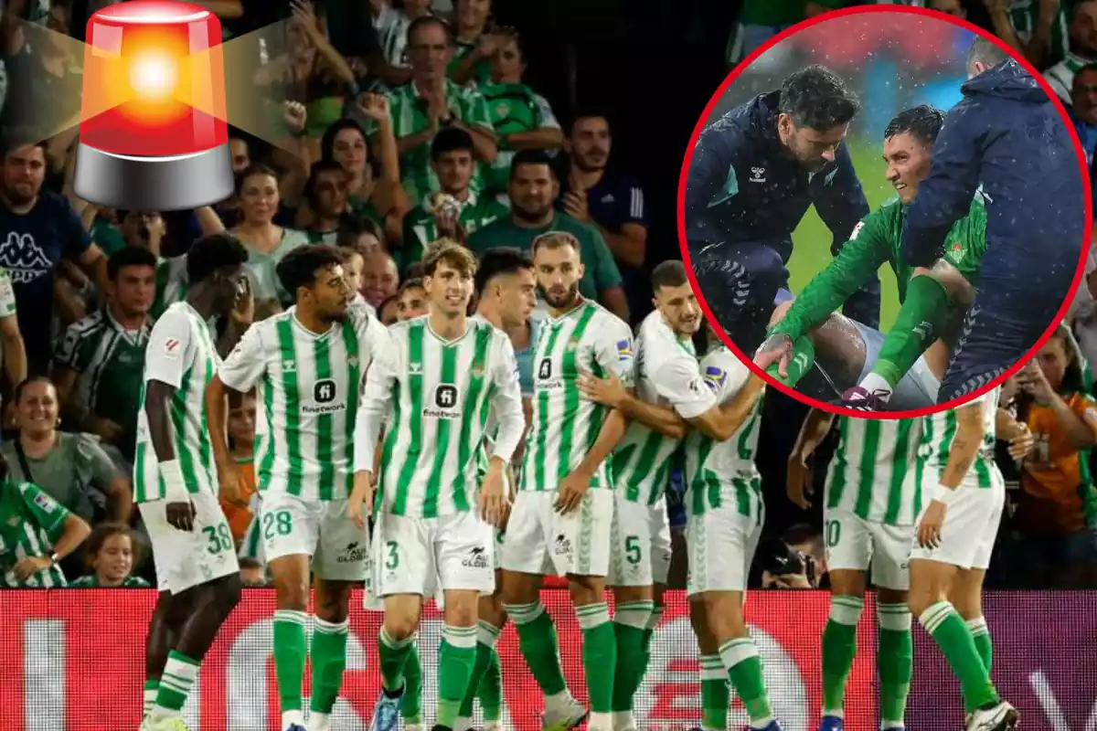 Montage con el equipo del Real Betis celebrando un gol, y un círculo arriba a la derecha con la lesión del Chimy Ávila