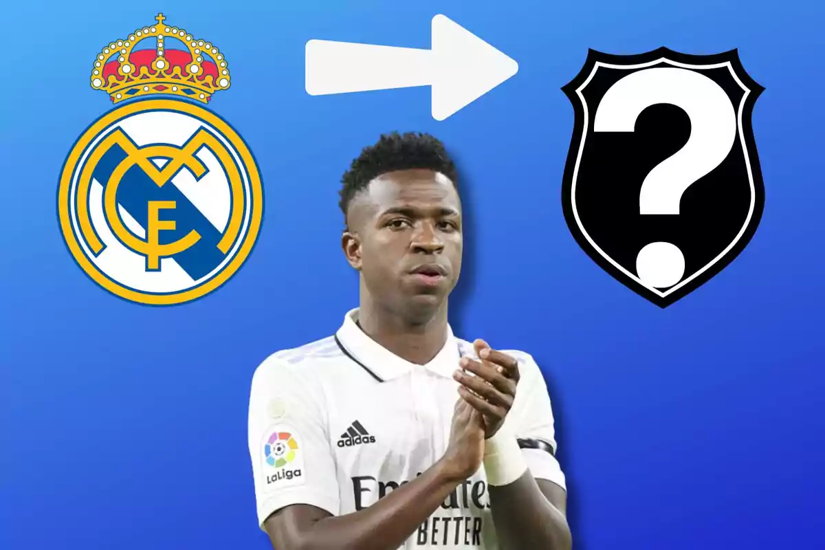 Un jugador de fútbol con el uniforme del Real Madrid, acompañado del escudo del equipo a la izquierda y una flecha que apunta a un escudo en blanco y negro con un signo de interrogación a la derecha.