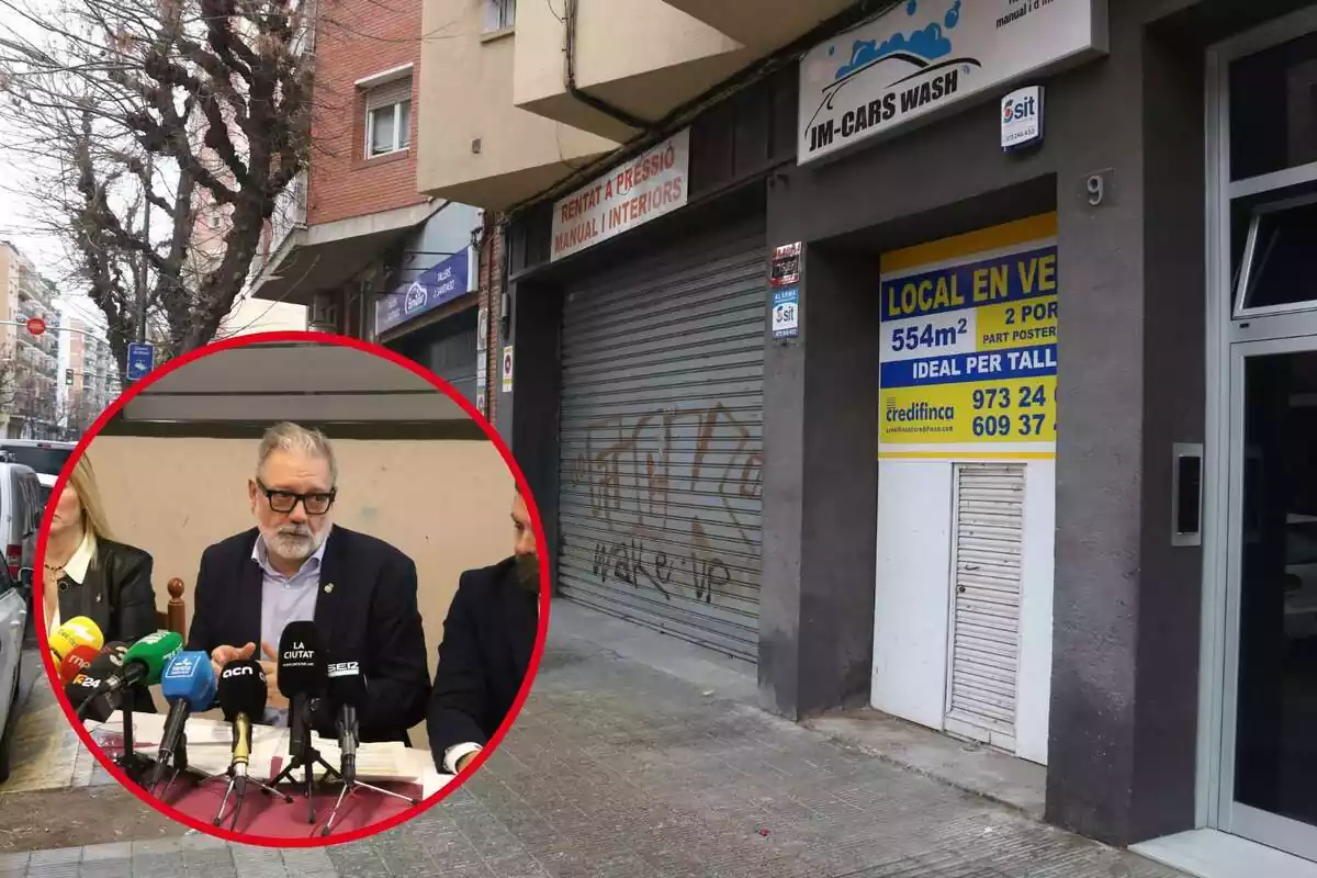 Montaje con una imagen del local comprado por la comunidad musulmana de Lleida. A la izquierda, dentro de un círculo, el Alcalde de la ciudad
