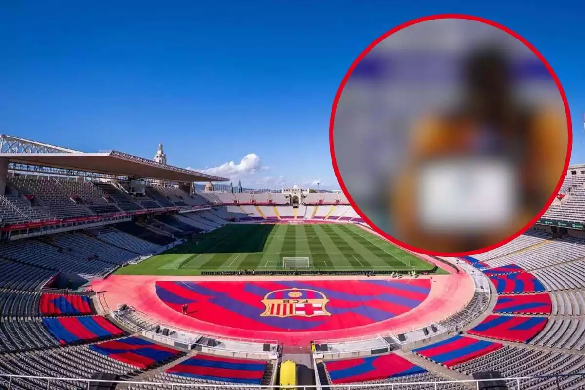 Montaje con una imagen del Estadi Olímpic Lluís Companys y en la esquina superior derecha, dentro de un círculo, el jugador traidor del que habla la noticia