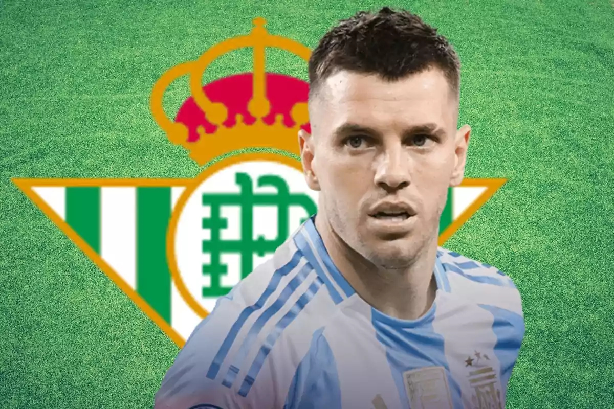 Gio Lo Celso y el escudo del Real Betis