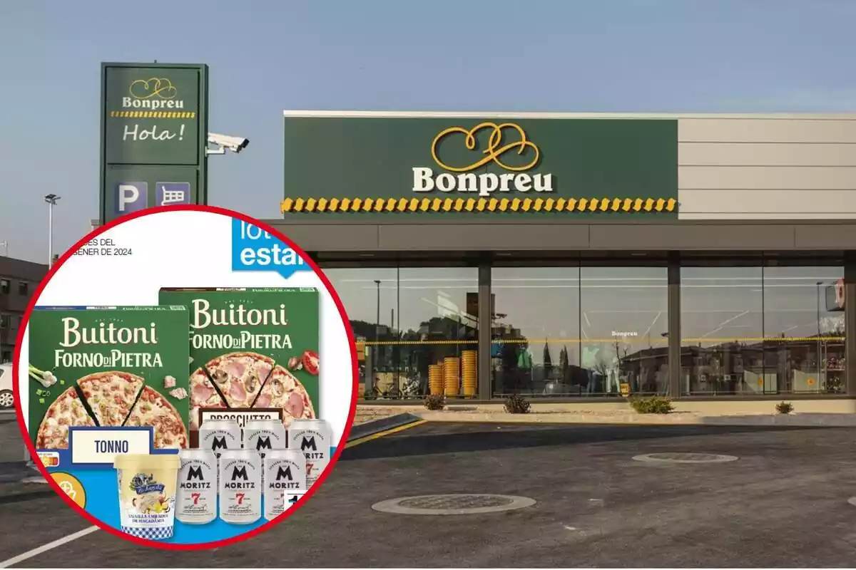 Montaje con una imagen del exterior de un establecimiento Bonpreu y en la esquina inferior izquierda, dentro de un círculo, la oferta de la que habla la noticia