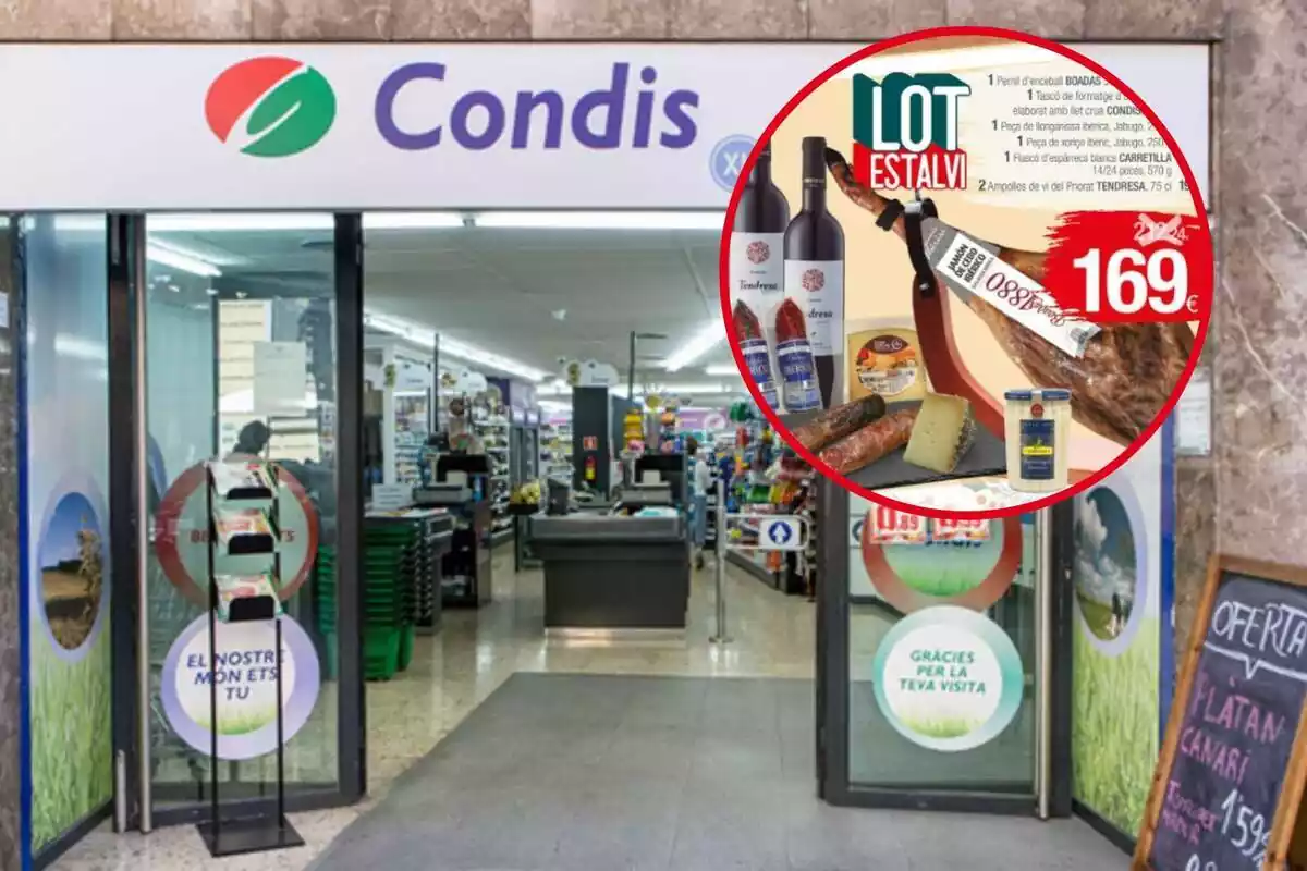 Montaje con una imagen de la entrada de un establecimiento Condis y en la esquina superior derecha, dentro de un círculo, el lote ahorro de la noticia
