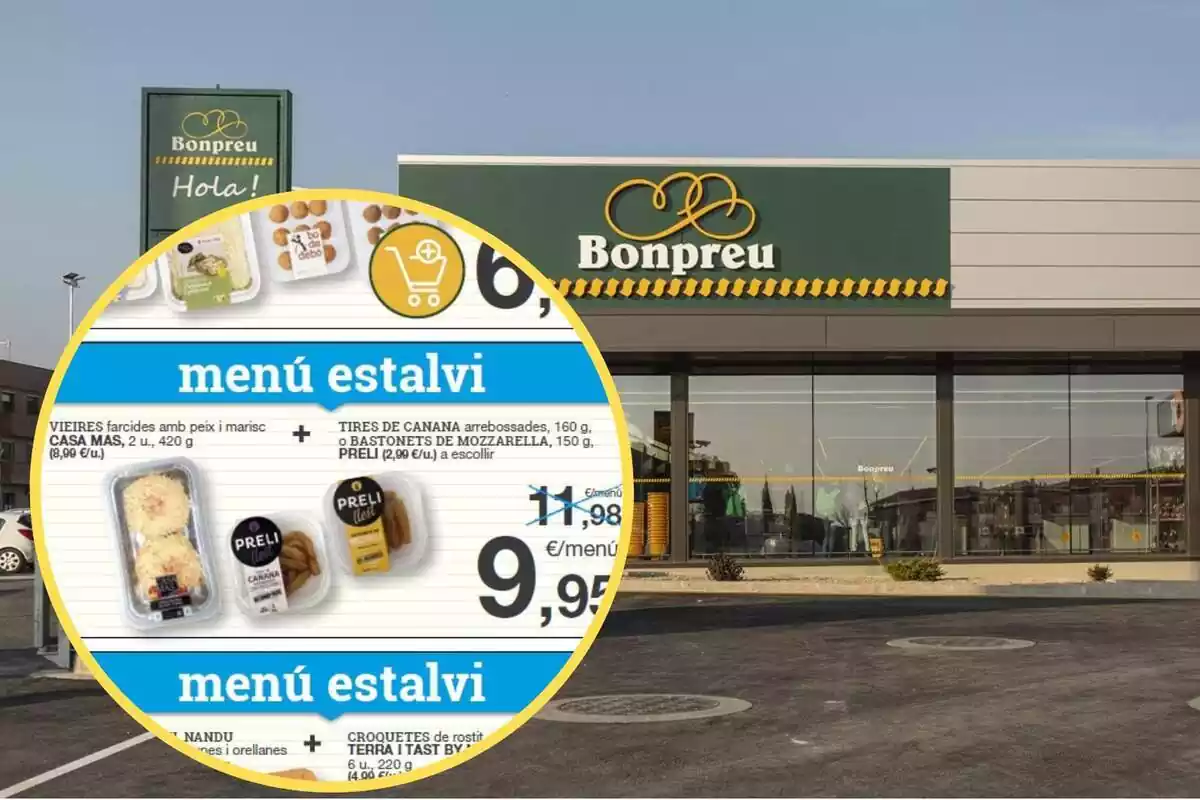 Montaje con una imagen del exterior de un establecimiento Bonpreu. A la izquierda, dentro de un círculo, la promoción de la que se habla en la noticia