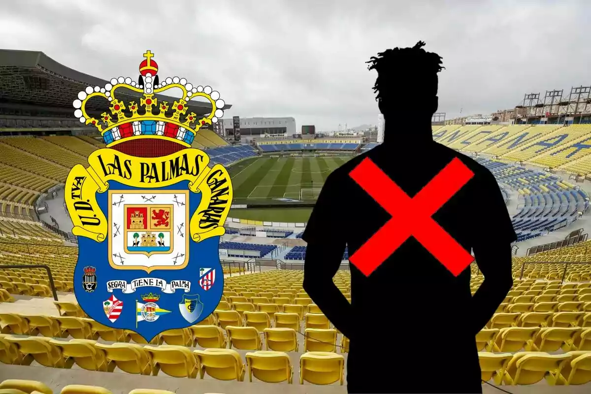 Estadio de fútbol vacío con el escudo de la U.D. Las Palmas y la silueta de un jugador tachada en rojo.