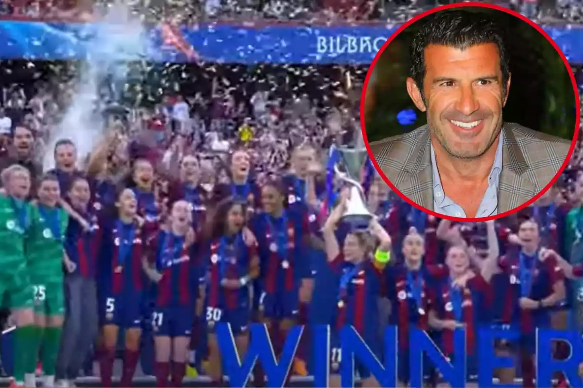 Montage con la celebración del Barça femenino de la final de la Champions y un círculo arriba a la derecha con Luis Figo