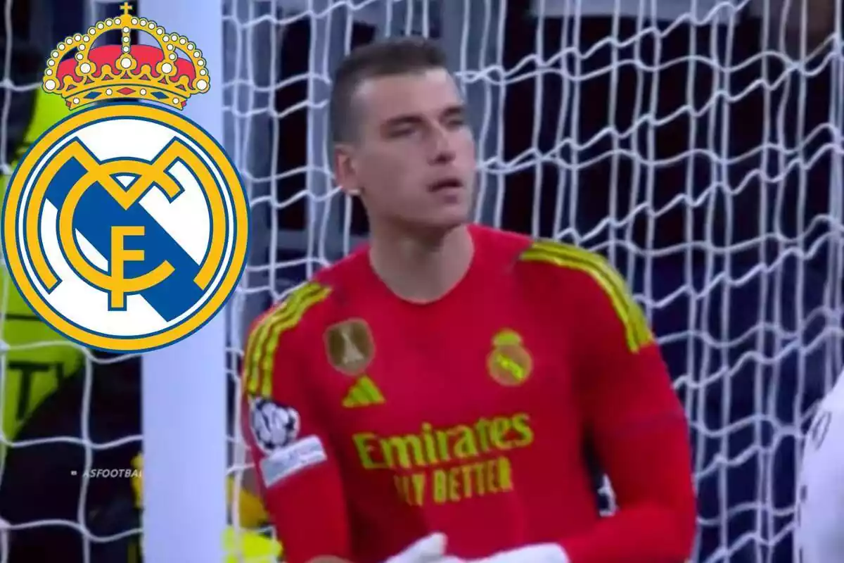 Montaje con una imagen de Lunin defendiendo la portería del Real Madrid y en la esquina superior izquierda, el escudo del Real Madrid