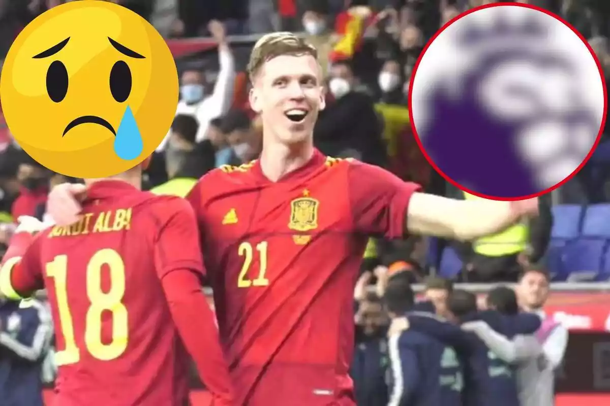 Montage con Dani Olmo celebrando un gol con España, un emoticono llorando arriba a la izquierda y un círculo difuminado arriba a la derecha
