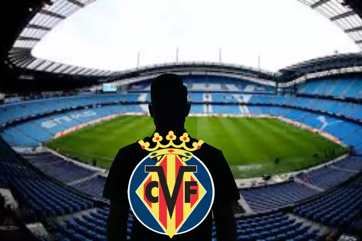 Montage con el Etihad Stadium y una sombra negra en el centro con el escudo del Villarreal CF