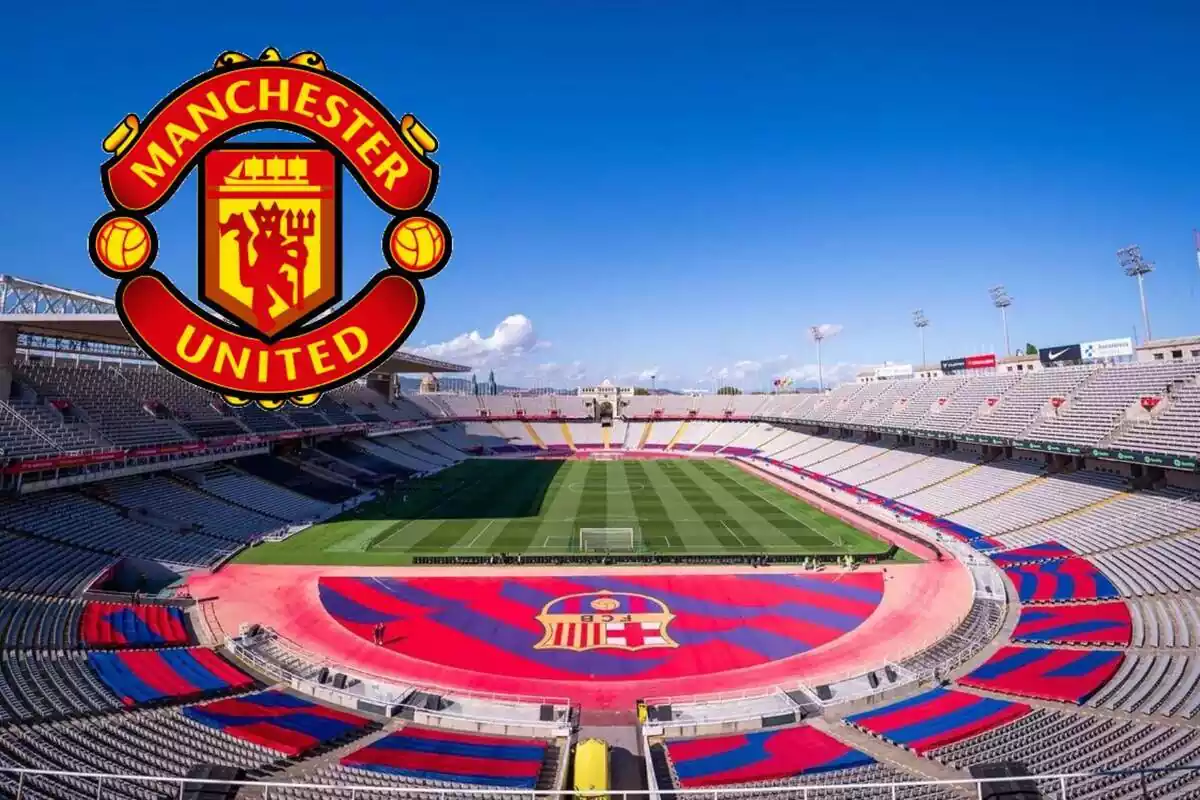 Montaje con una imagen del Estadi Olímpic Lluís Companys en primer término y en la esquina superior izquierda el escudo del Manchester United