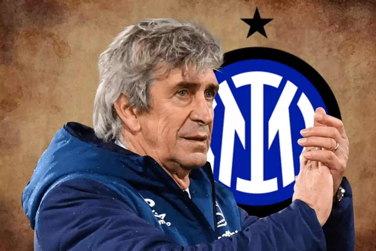 Manuel Pellegrini, entrenador del Real Betis, y el escudo del Inter