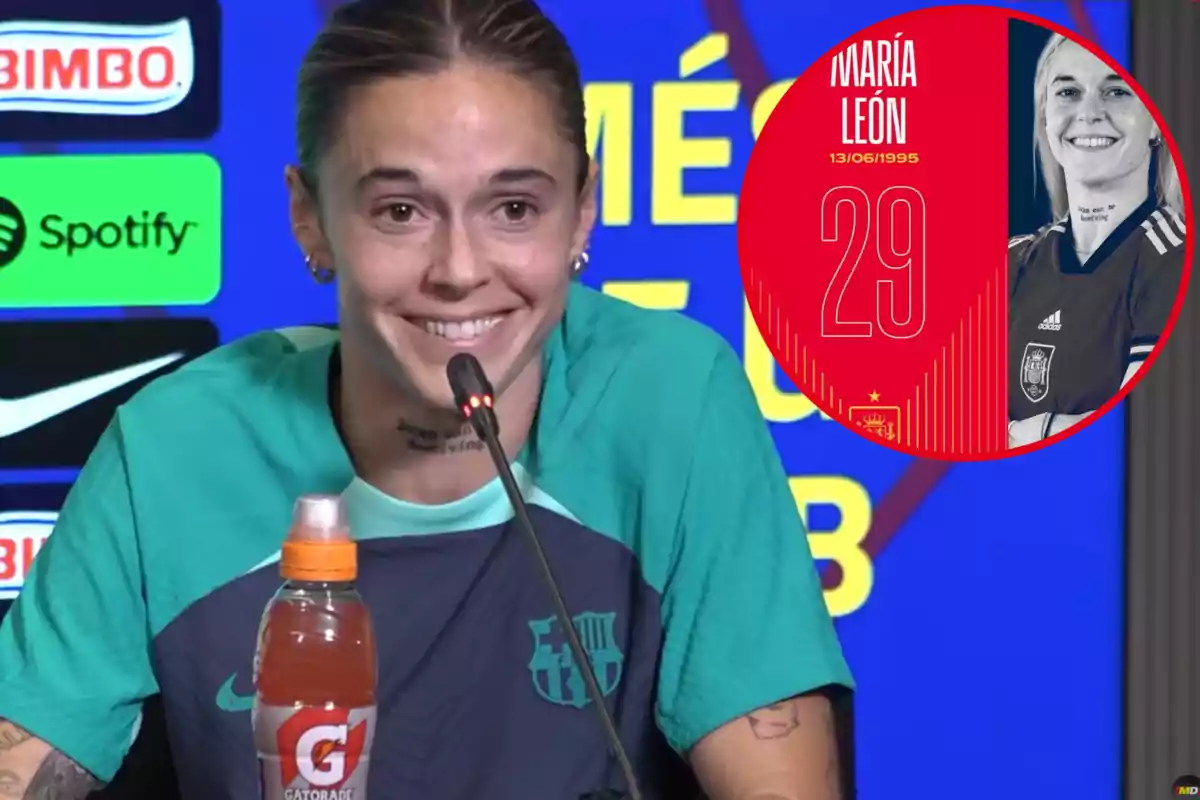 Montaje con una imagen de Mapi León durante una rueda de prensa. A la derecha una imagen con Mapi León con la camiseta de la selección española