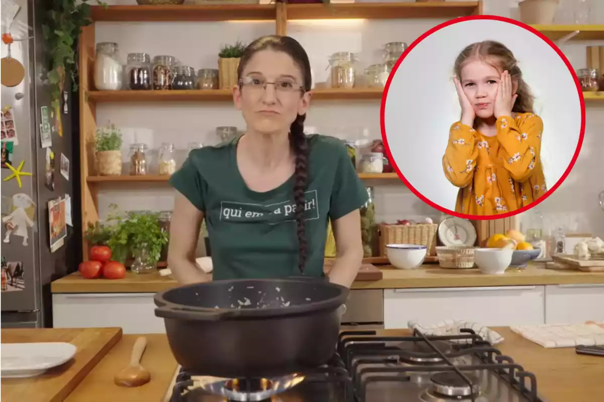 Montaje con una imagen de Maria Nicolau cocinando. A la derecha una imagen con una niña y la reacción de una travesura