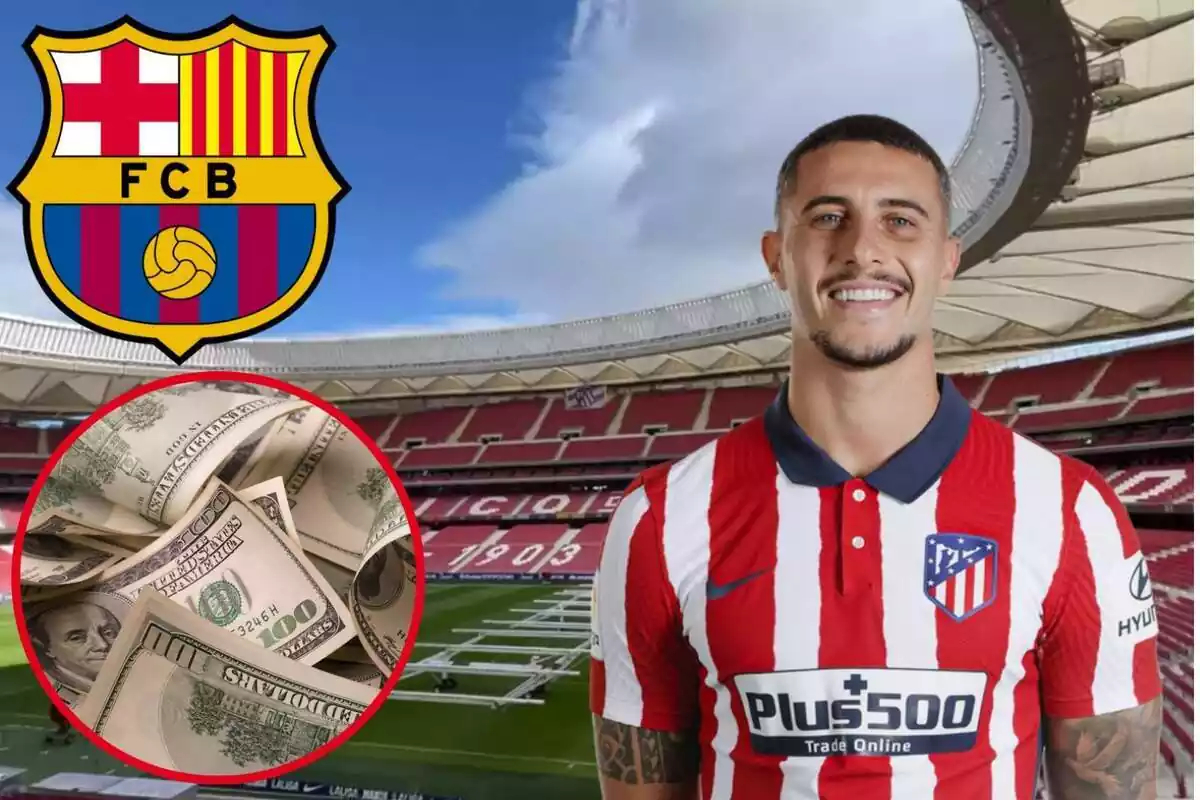 Montage con el escudo del Barça arriba a la izquierda billetes abajo a la izquierda y en el centro Mario Hermoso