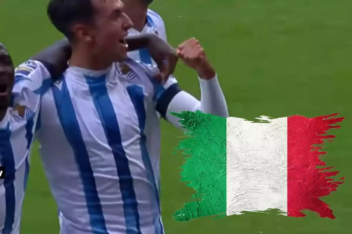 Montaje con una imagen de Martín Zubimendi celebrando un gol con la Real Sociedad. A la derecha, una bandera de Italia