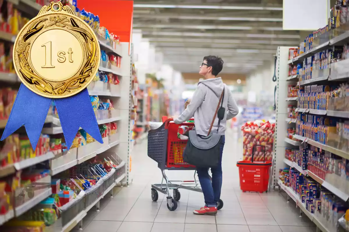 Montaje con una imagen de una mujer comprando en un supermercado. A la izquierda una imagen con una insignia de primer puesto