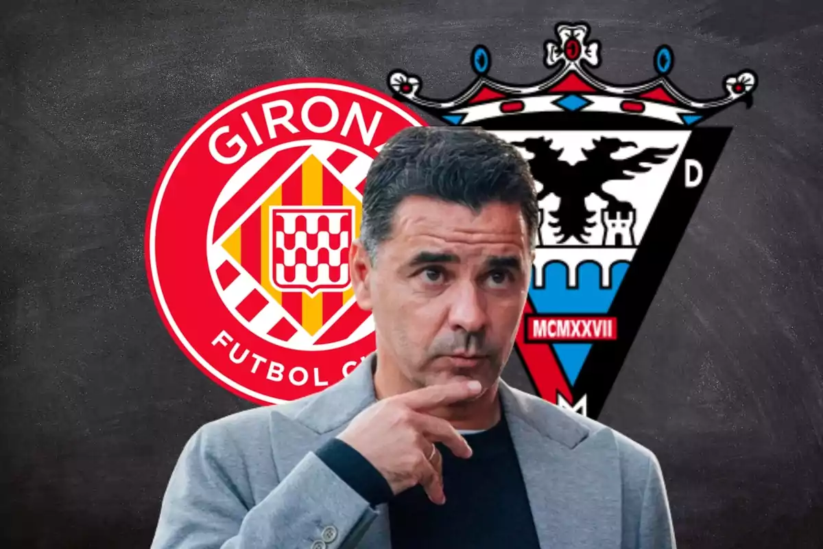 Míchel con los escudos de Girona y Mirandés