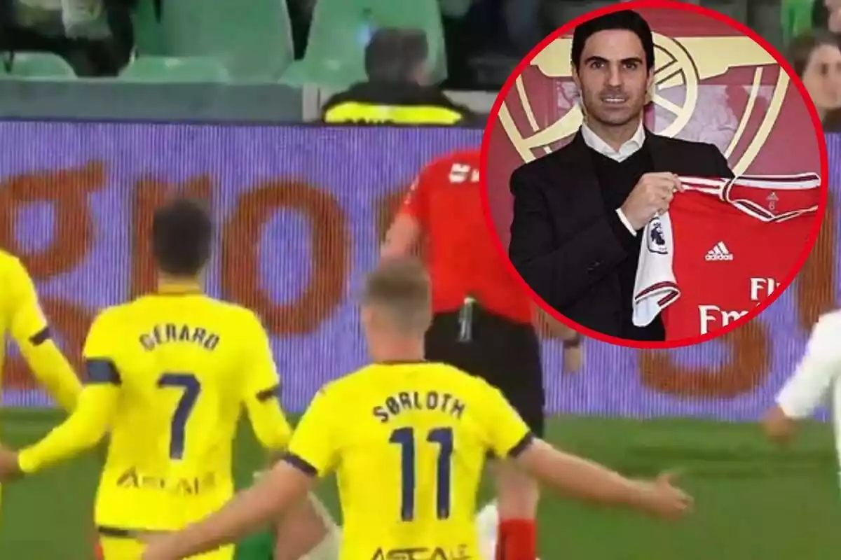 Montaje con una imagen de futbolistas del Villarreal protestando una jugada y en la esquina superior derecha, dentro de un círculo, Mikel Arteta con una camiseta del Arsenal en la mano