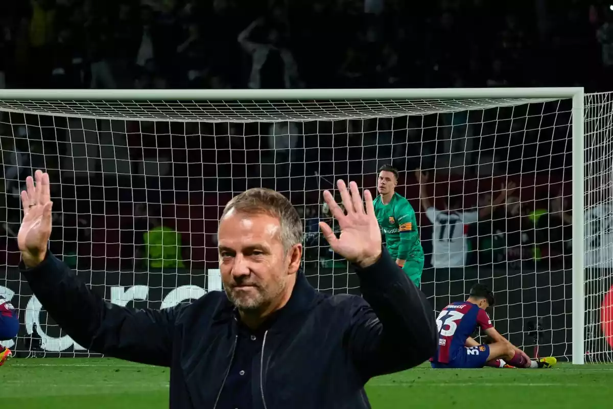 Pau Cubarí y Ter Stegen en uno de los goles recibidos frente al PSG; y Hansi Flcik saludando