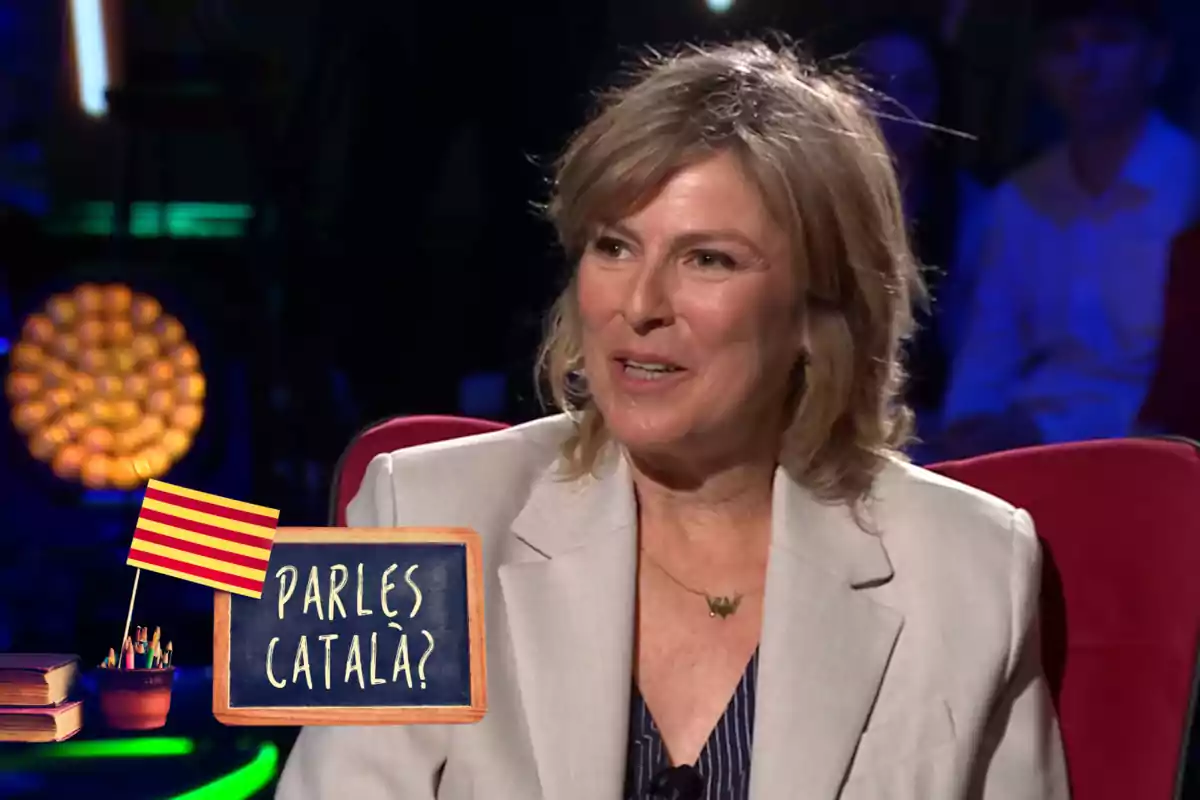 Montaje con una imagen de Mònica López en el programa "Col·lpase" de TV3. A la izquierda una imagen con una promoción del catalán
