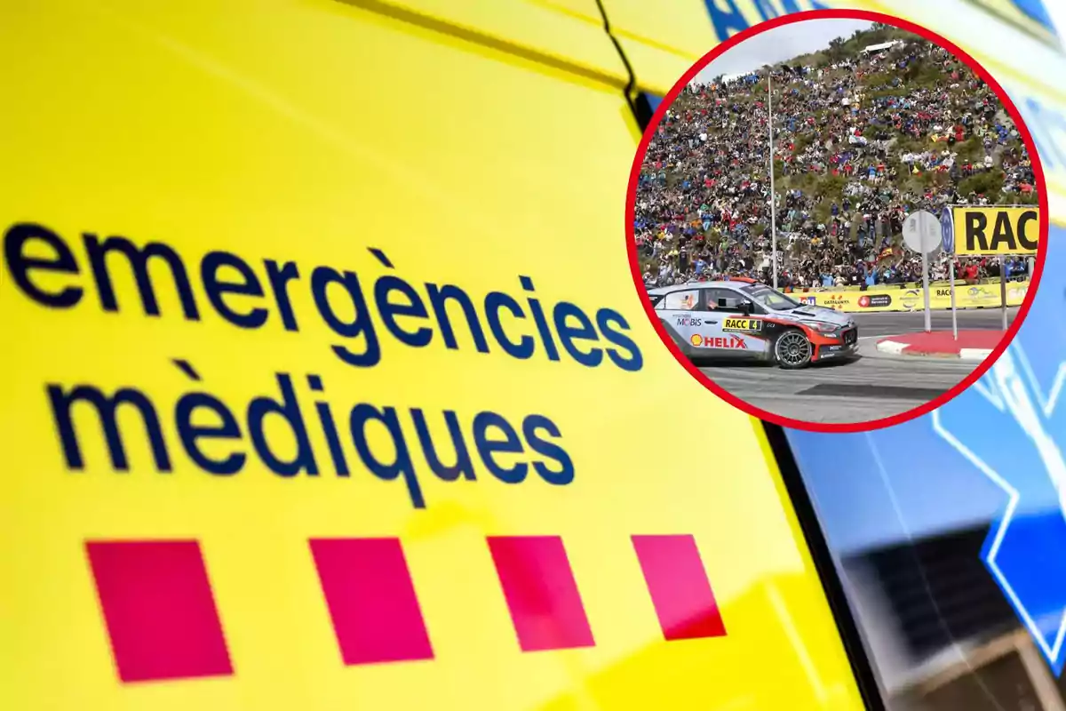 Ambulancia de emergencias médicas con un recuadro que muestra un coche de carreras en una pista rodeada de espectadores.