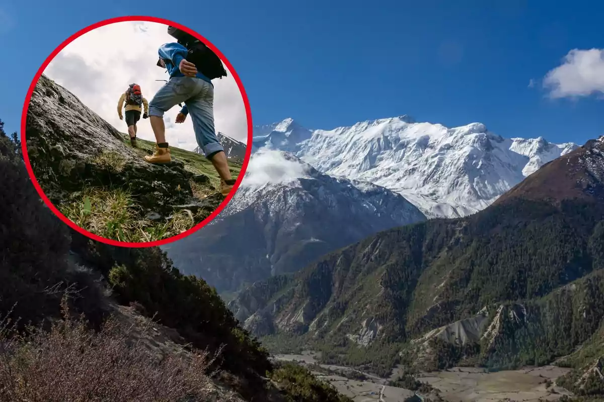 Dos personas escalando una montaña con un paisaje de montañas nevadas al fondo.