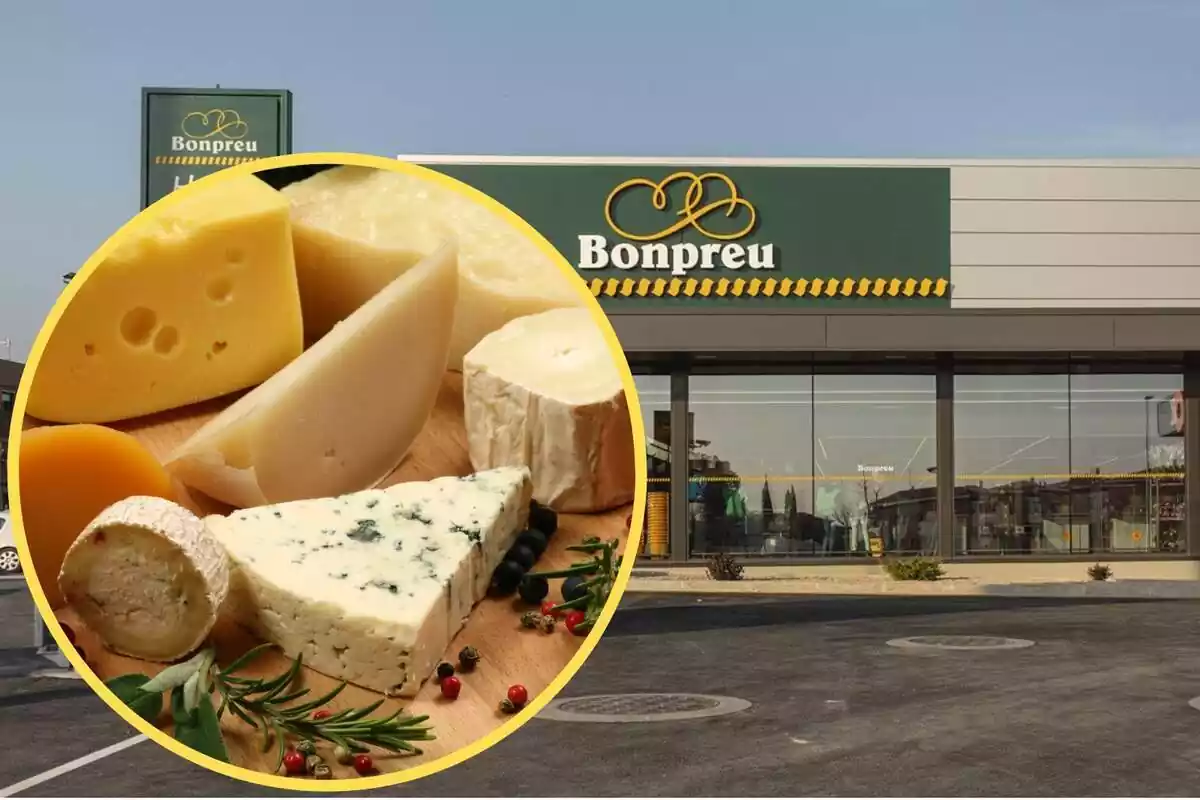Montaje con una imagen del exterior de un establecimiento Bonpreu. A la izquierda, dentro de un círculo, varios quesos