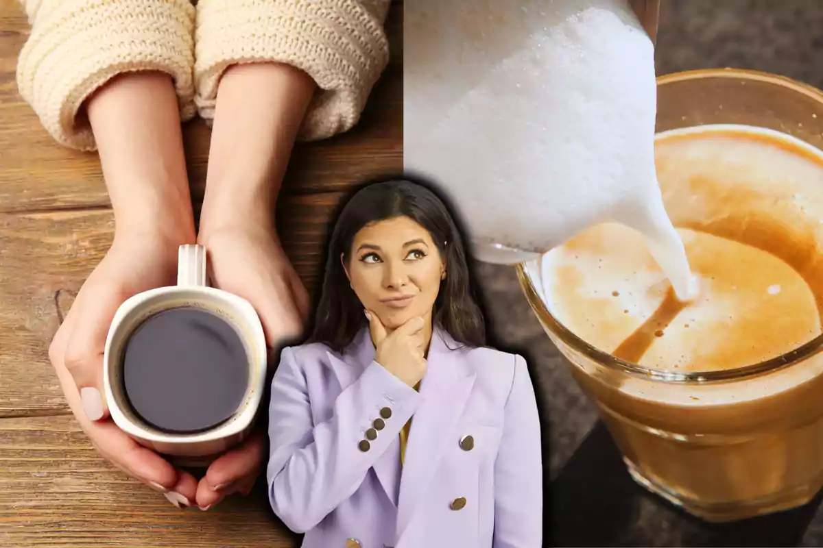 Una persona pensativa con una taza de café en las manos y leche siendo vertida en un vaso de café.