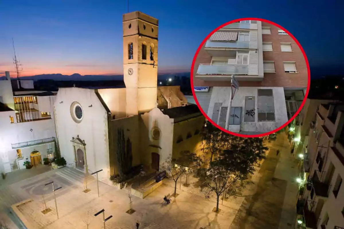 Vista nocturna de una iglesia iluminada con un recuadro que muestra un edificio de apartamentos.