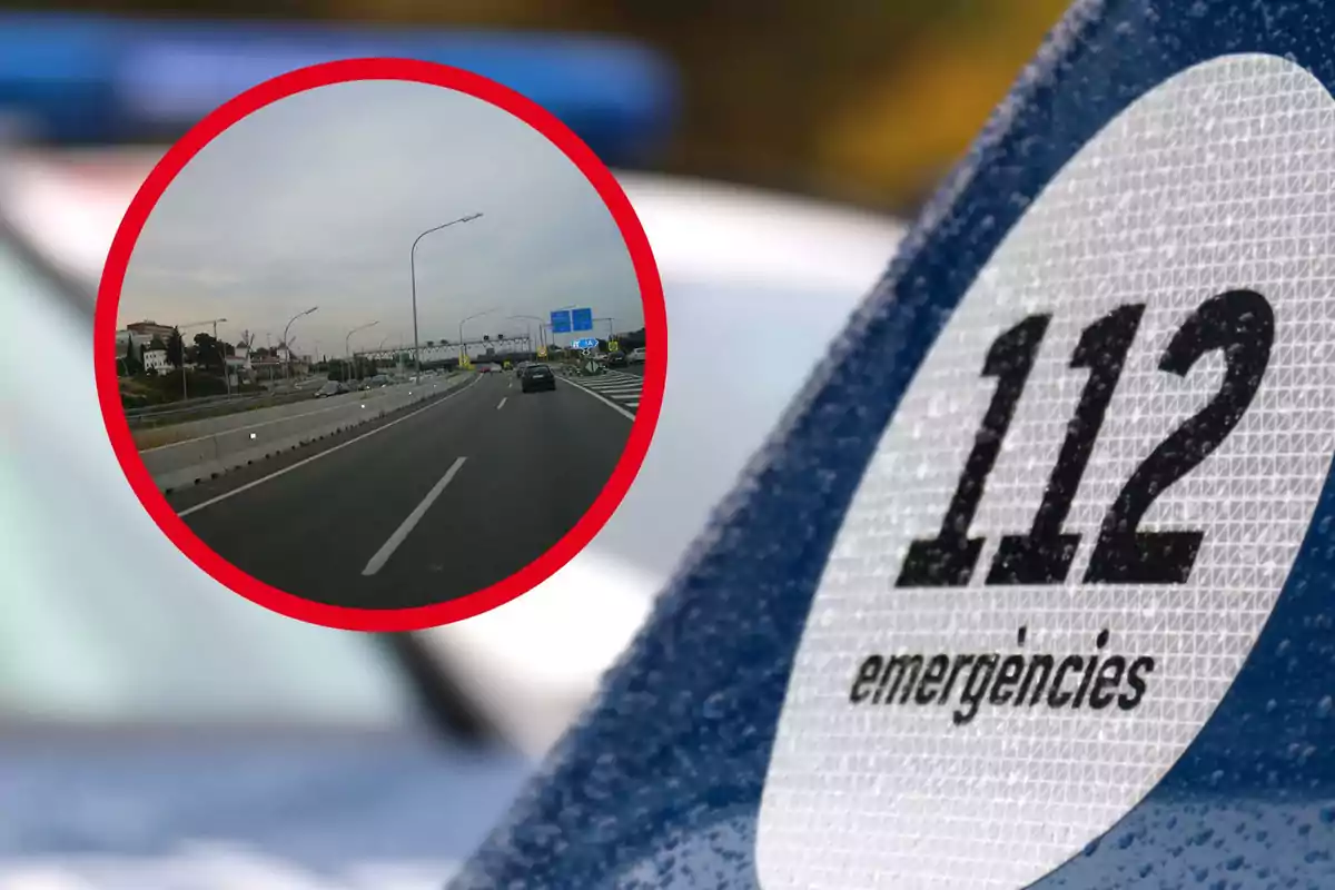 Señal de emergencia 112 con una imagen de una carretera en el centro