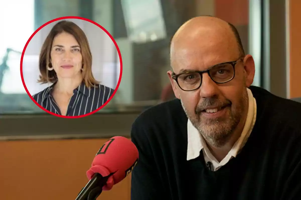 Un hombre con gafas y barba está sentado frente a un micrófono en un estudio de radio, mientras que en la esquina superior izquierda hay una imagen circular de una mujer con cabello castaño y una camisa a rayas.