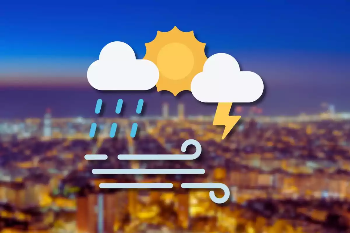 Iconos de clima variado con fondo de ciudad desenfocado.