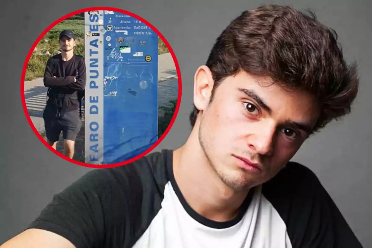 Un joven con expresión seria en primer plano y una imagen circular insertada que muestra a una persona de pie junto a un cartel azul que dice "Faro de Punta" en un entorno al aire libre.