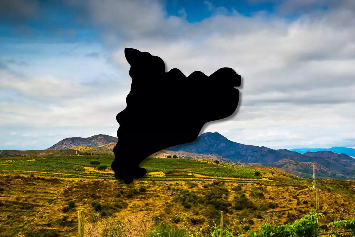 Paisaje montañoso con campos verdes y una silueta negra en el centro.